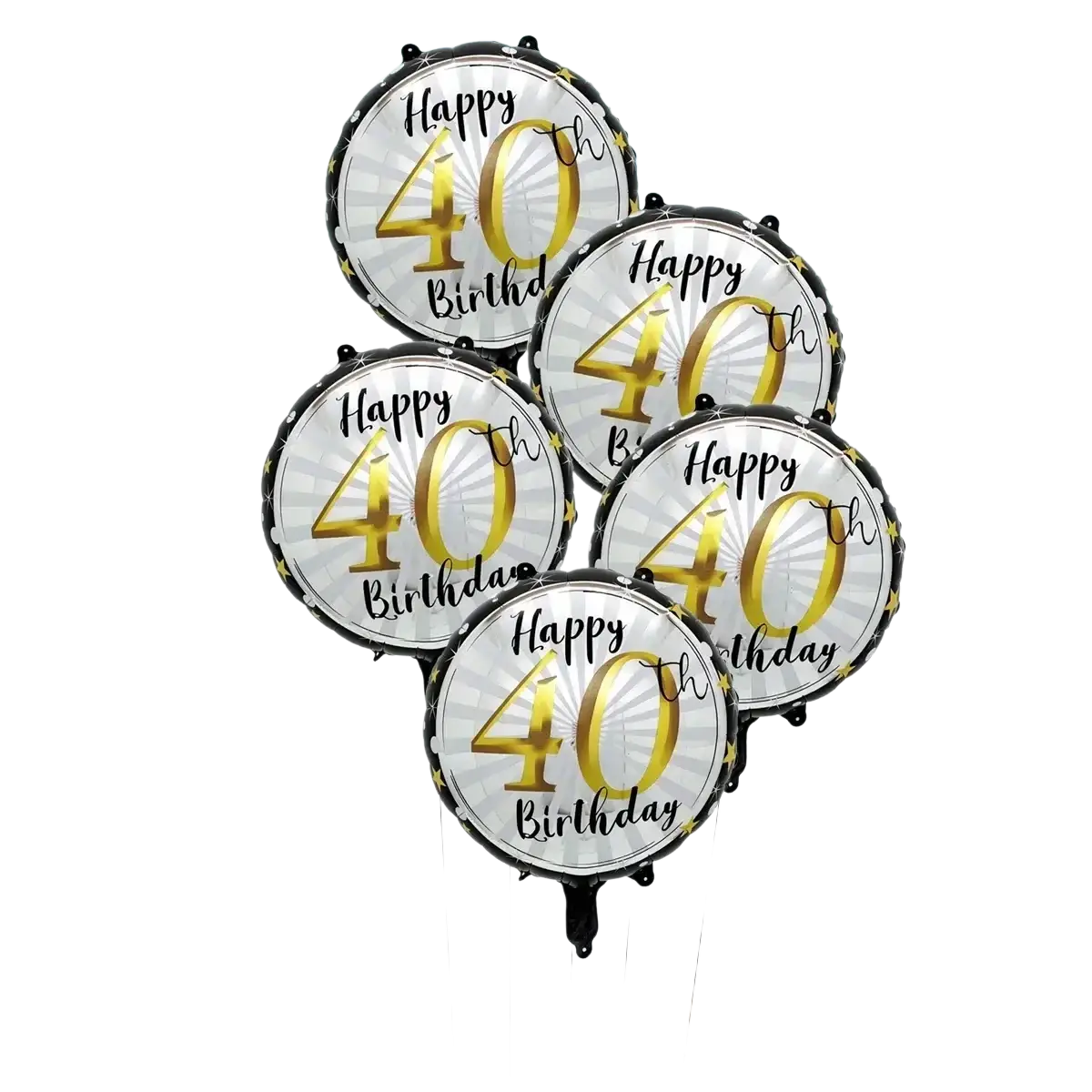 Set of five metallic gold and silver happy 40th birthday foil balloons with radiant sunburst design for milestones
