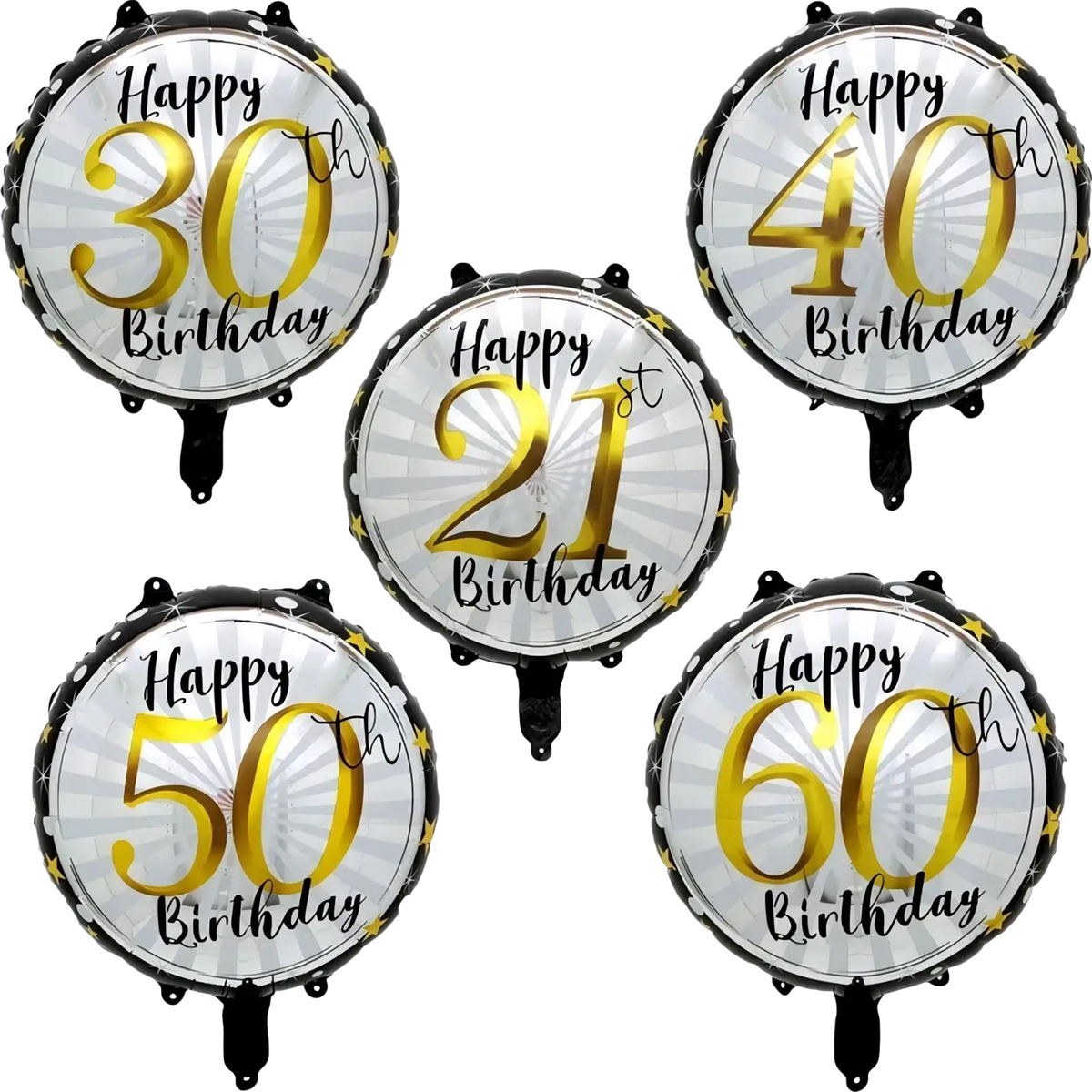 Set of five round metallic foil balloons in gold and black with happy 6, 21st, 30th, 40th, and 50th birthday text
