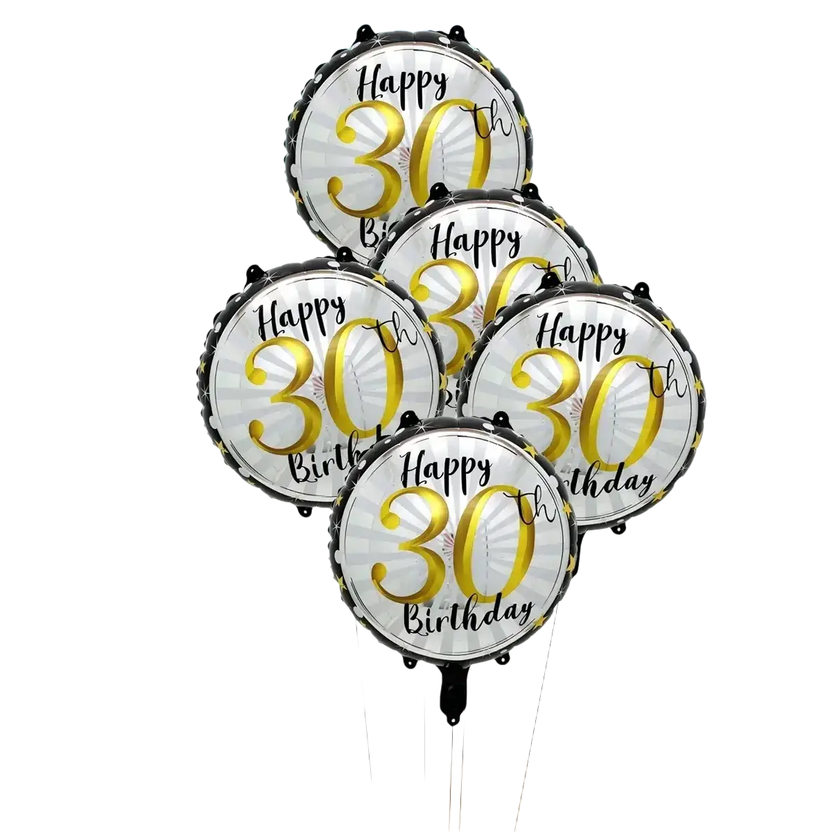 Set of five round metallic white foil balloons with happy 30th birthday printed in gold and black milestone birthday foil balloons