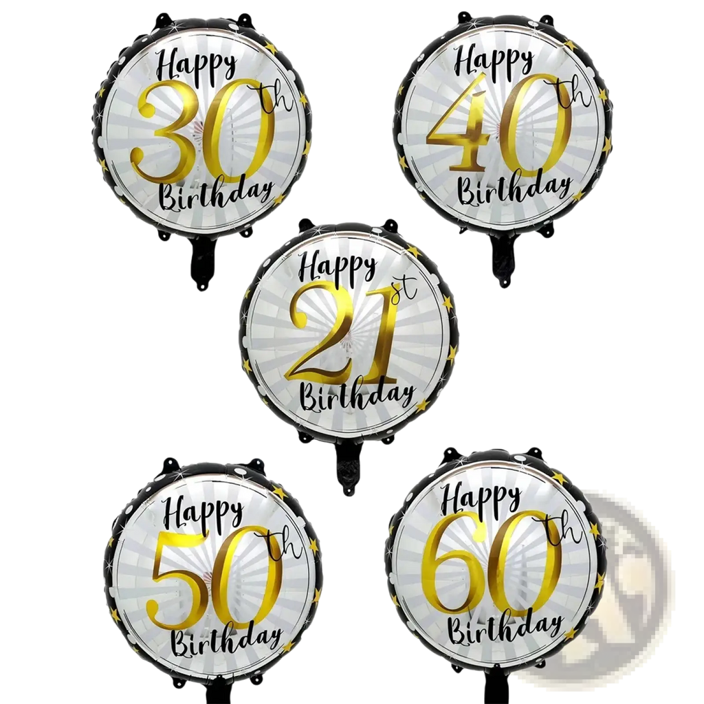 Set of five round metallic foil milestone birthday balloons in silver with gold lettering and black trim