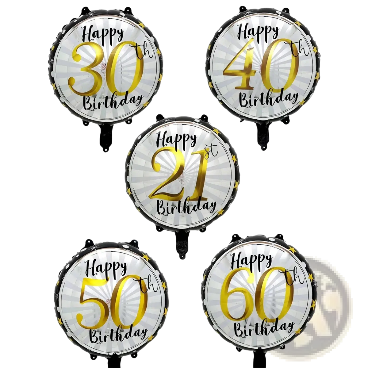 Set of five round metallic foil milestone birthday balloons in silver with gold lettering and black trim