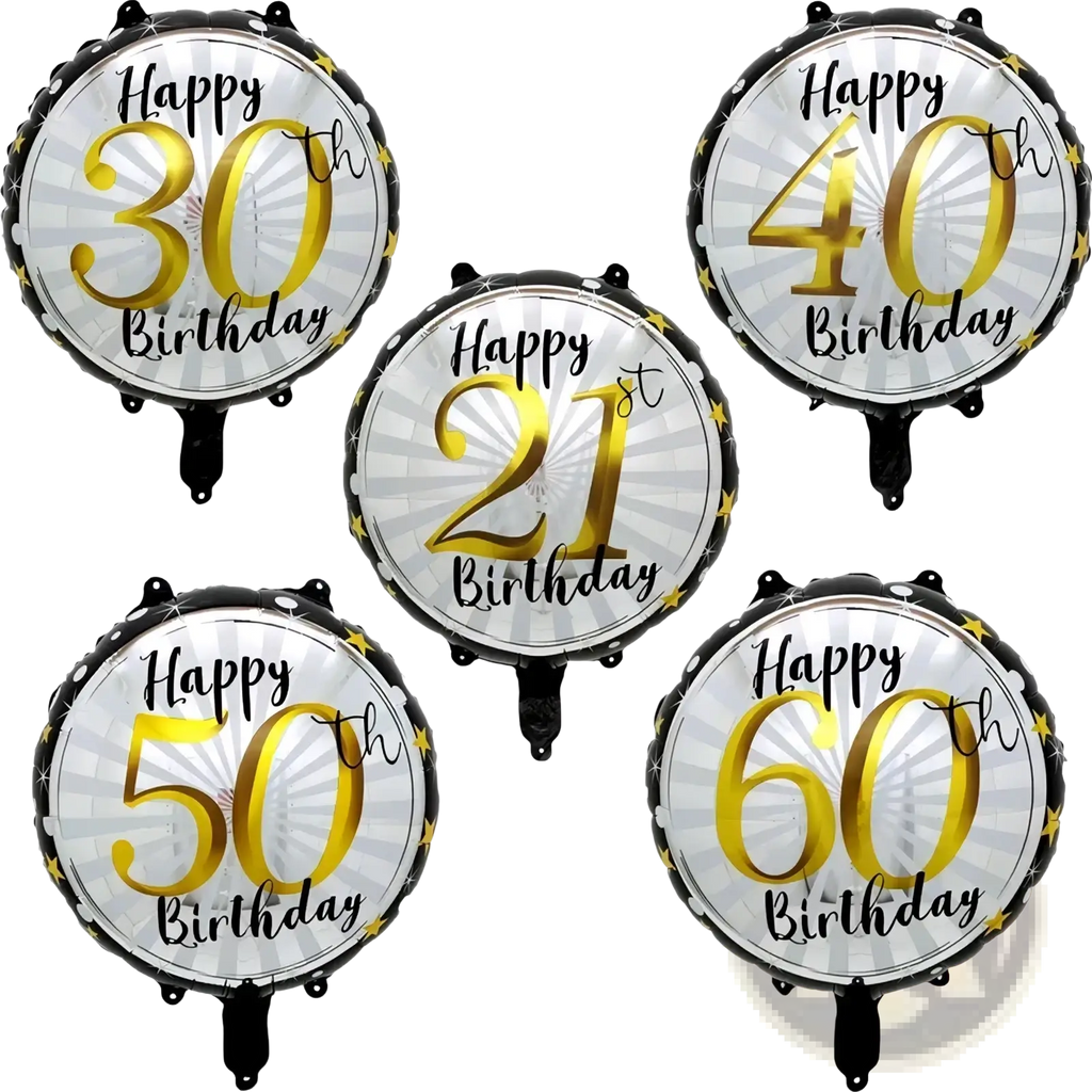 Set of five round metallic foil balloons in gold and black with happy 6, 21st, 30th, 40th, and 50th birthday text
