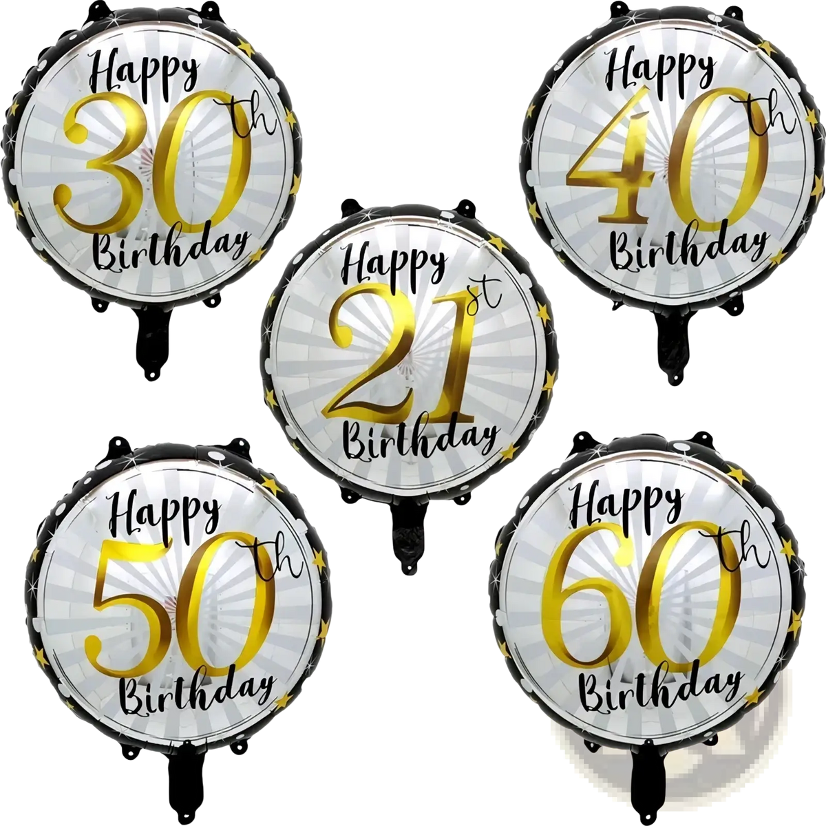 Set of five round metallic foil balloons in gold and black with happy 6, 21st, 30th, 40th, and 50th birthday text