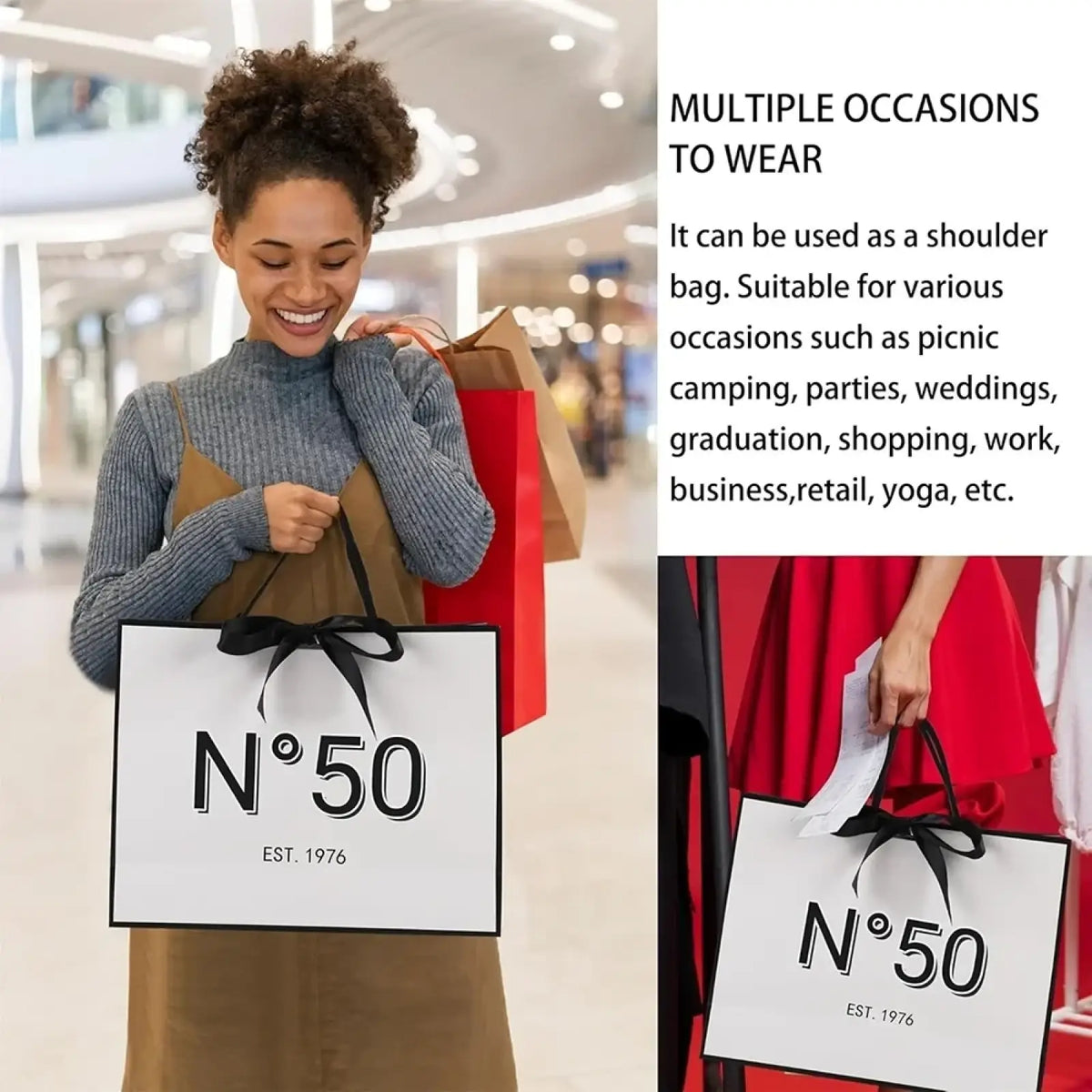 White paper shopping bag with black ribbon tie and bold n°50 logo designed as a milestone birthday gift bag with card