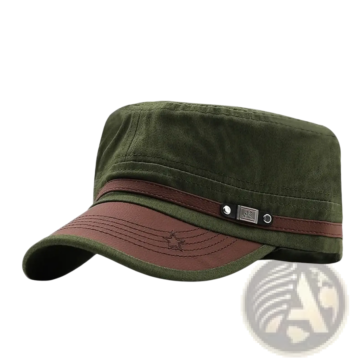 Military cadet baseball cap in olive green and brown cotton with adjustable fit and stitched star emblem on the brim