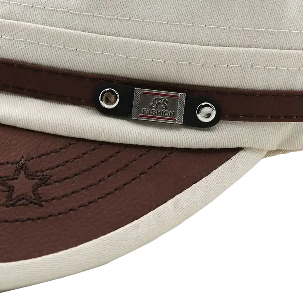 Beige and brown cotton military cadet baseball cap with stitched star detail on brim adjustable fit