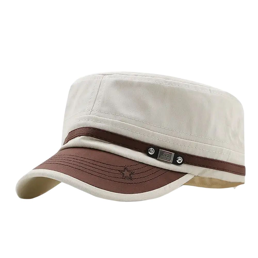 Beige and brown military cadet baseball cap with stitched star detail on brim made of adjustable cotton material