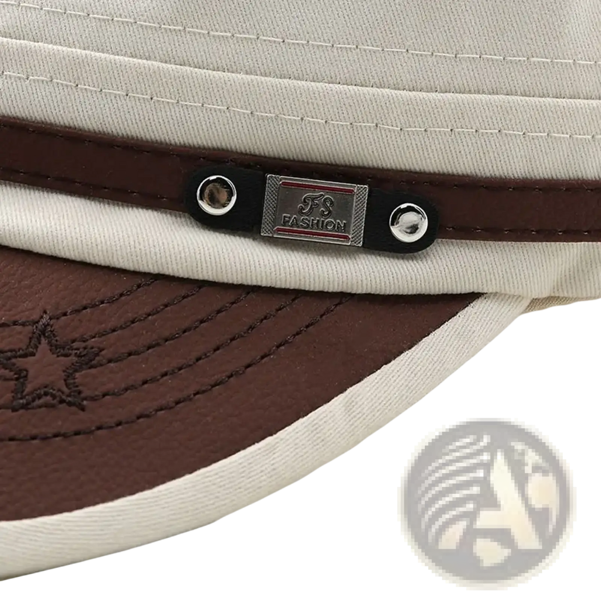 Beige and brown two-tone military cadet baseball cap with stitched star detail on brim adjustable cotton hat