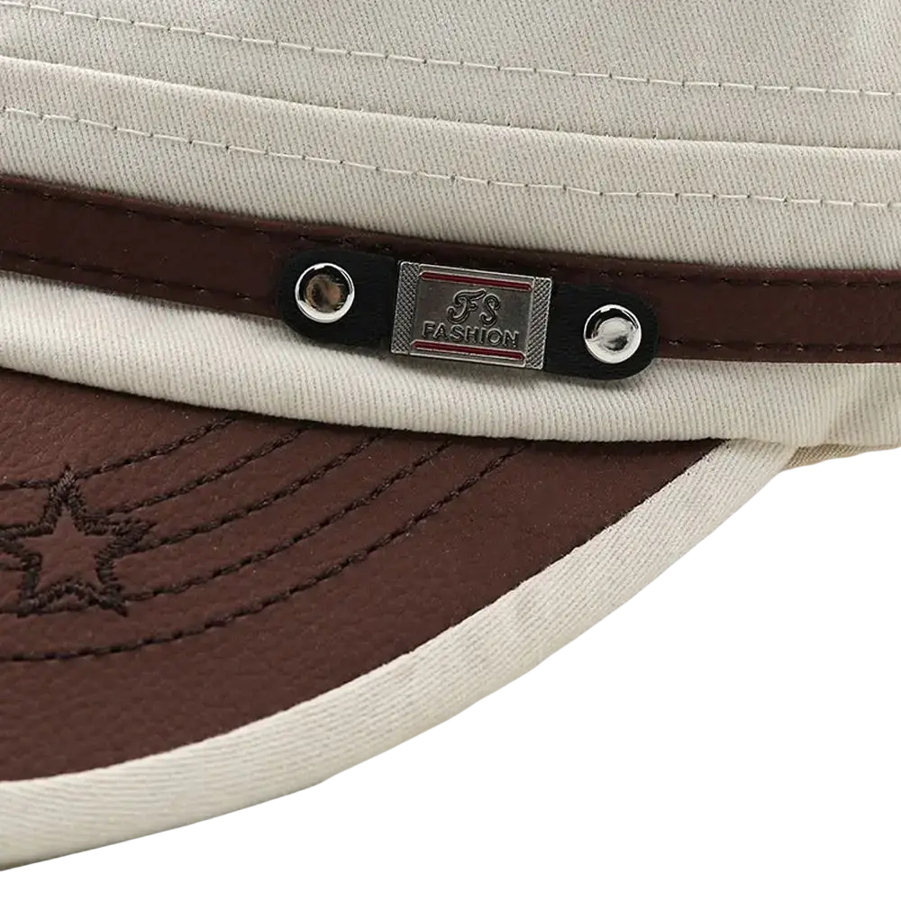 Beige and brown two-tone military cadet baseball cap with stitched star detail on brim adjustable cotton hat
