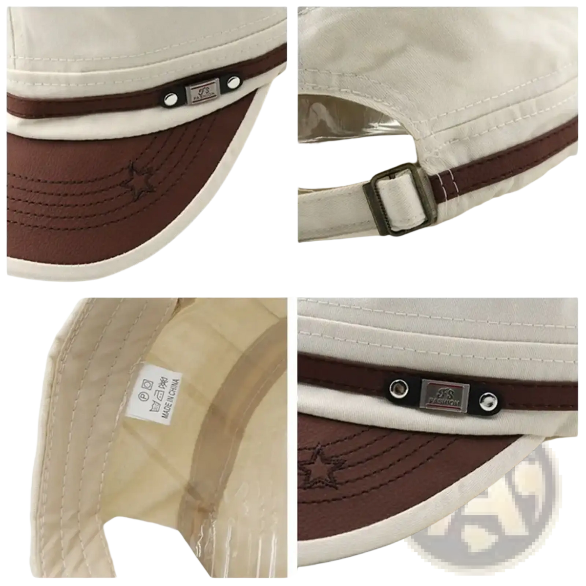 Beige and brown cotton military cadet baseball cap with stitched star detail and adjustable visor cap design