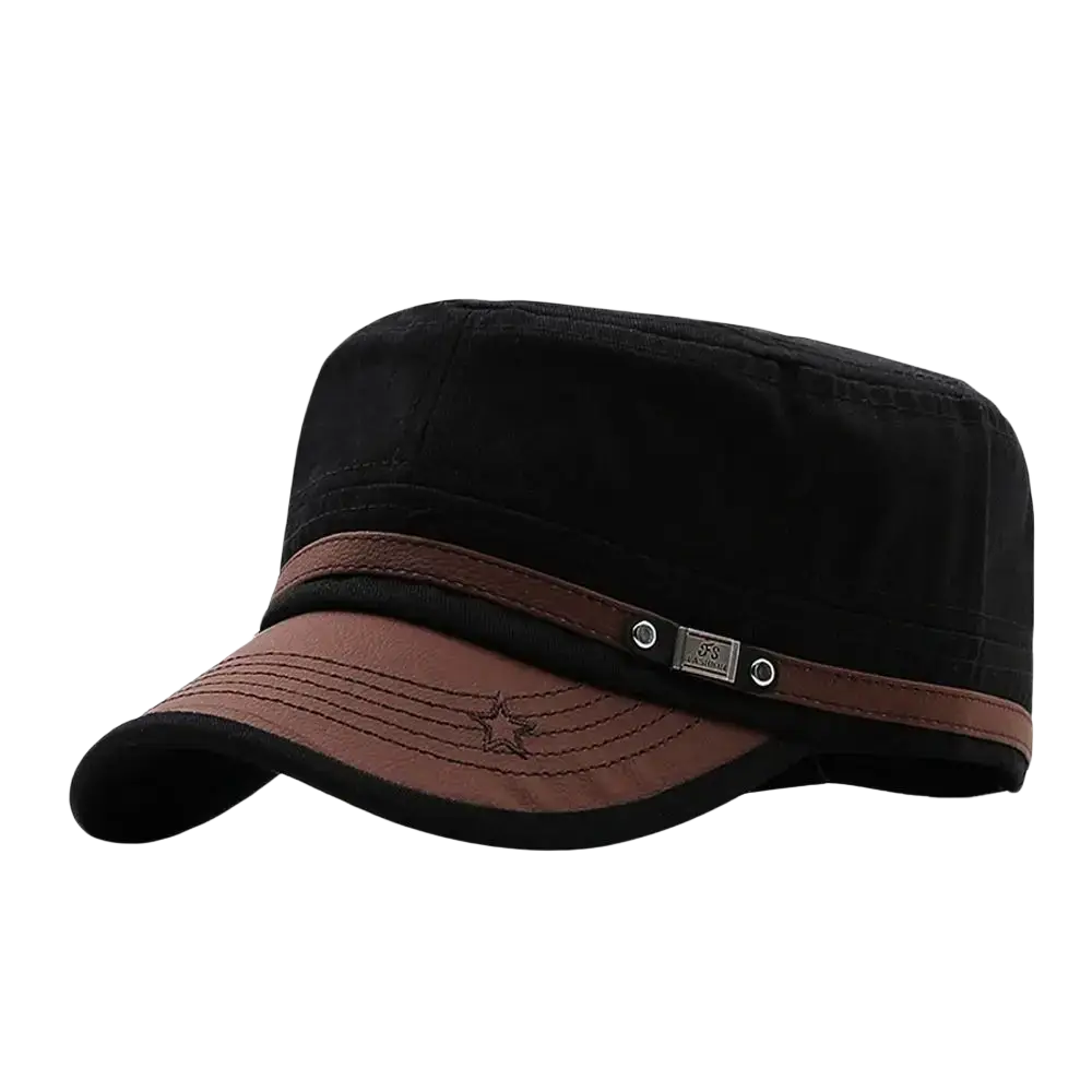 Black and brown military cadet baseball cap with leather strap detail adjustable cotton hat shown from the back side