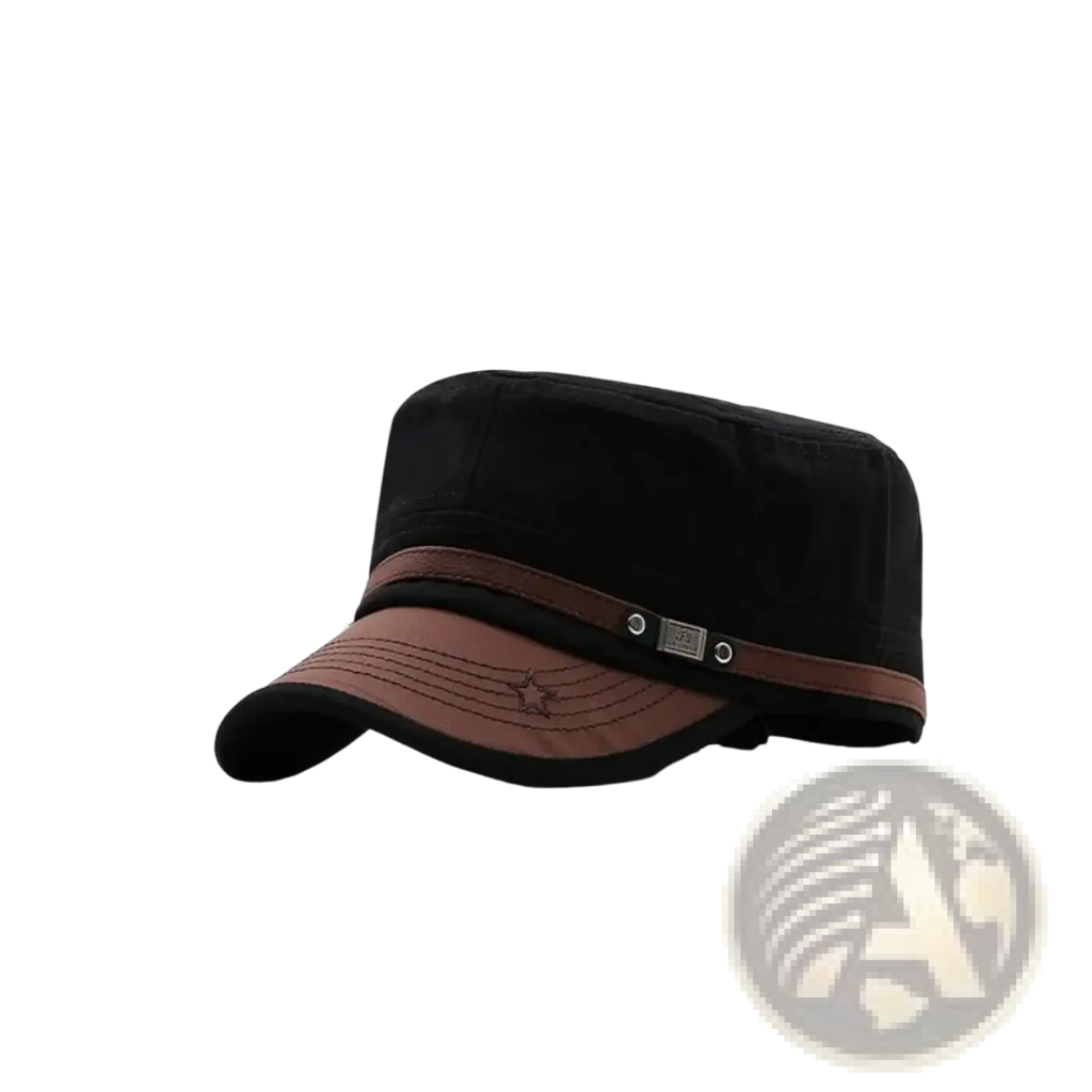 Black and brown military cadet baseball cap with stitched star emblem on brim adjustable cotton hat