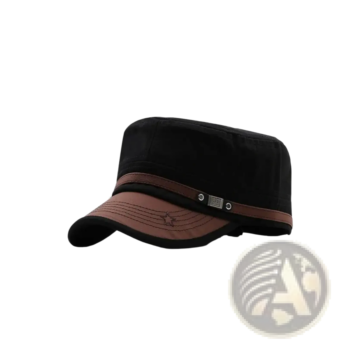 Black and brown military cadet baseball cap with stitched star emblem on brim adjustable cotton hat