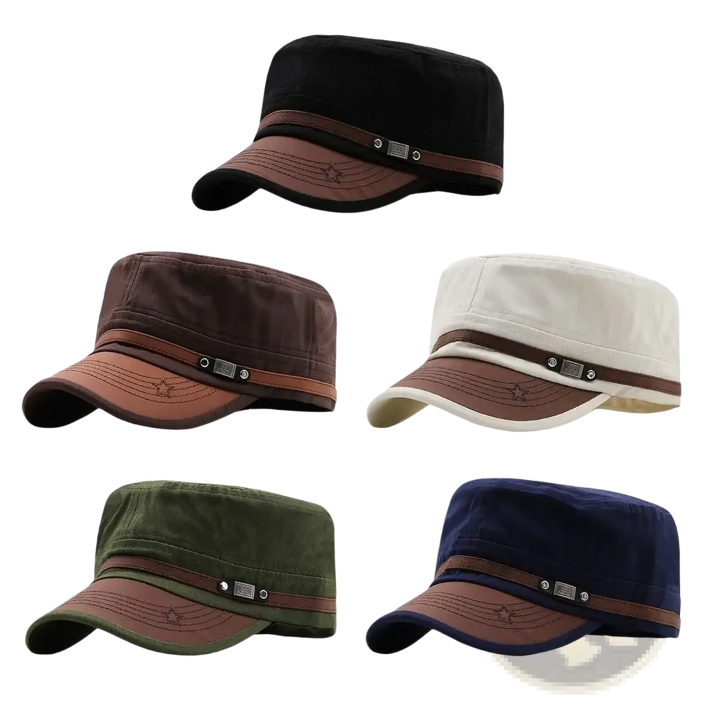 Military cadet baseball caps in black coffee beige army green and navy blue adjustable cotton hats with leather trim and star stitch
