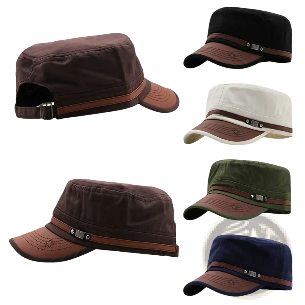 Brown and tan military cadet baseball cap with fabric crown, adjustable cotton strap, and stitched detailing