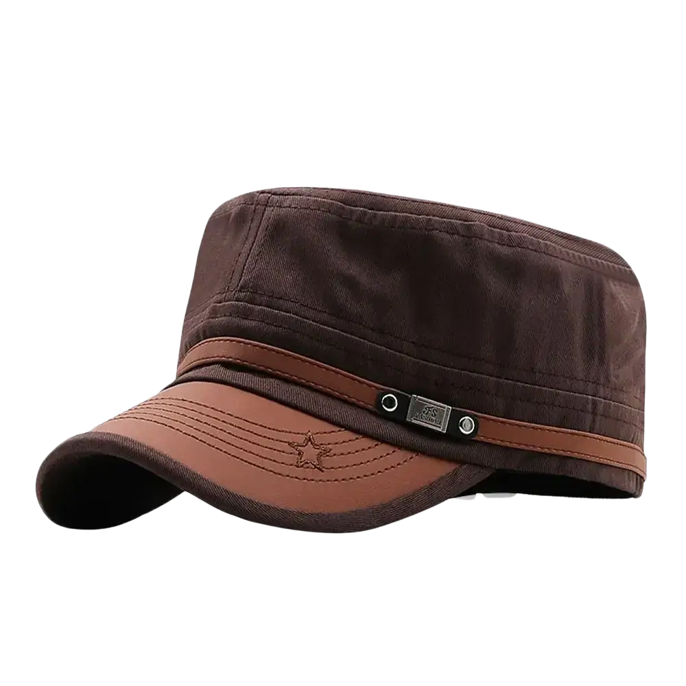Military cadet baseball cap in brown and tan cotton with a stitched star emblem on the brim adjustable fit