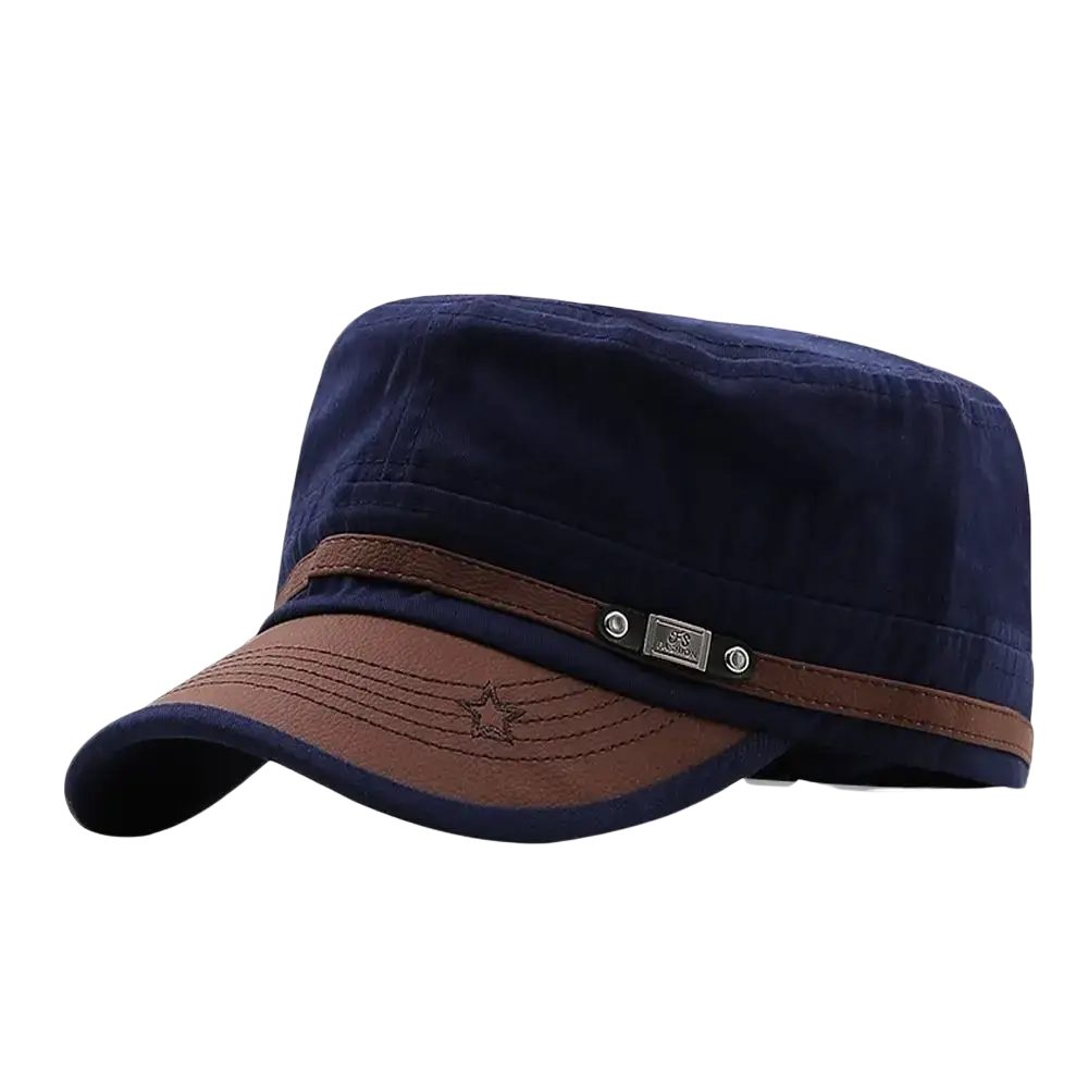Navy blue and brown military cadet baseball cap with stitched star emblem adjustable cotton hat