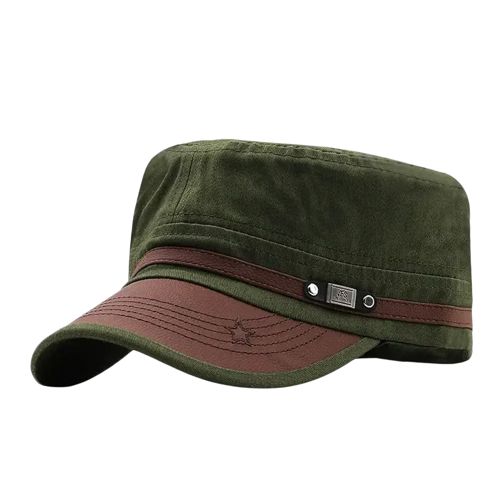 Olive green and brown adjustable cotton military cadet baseball cap with stitched star emblem on the brim