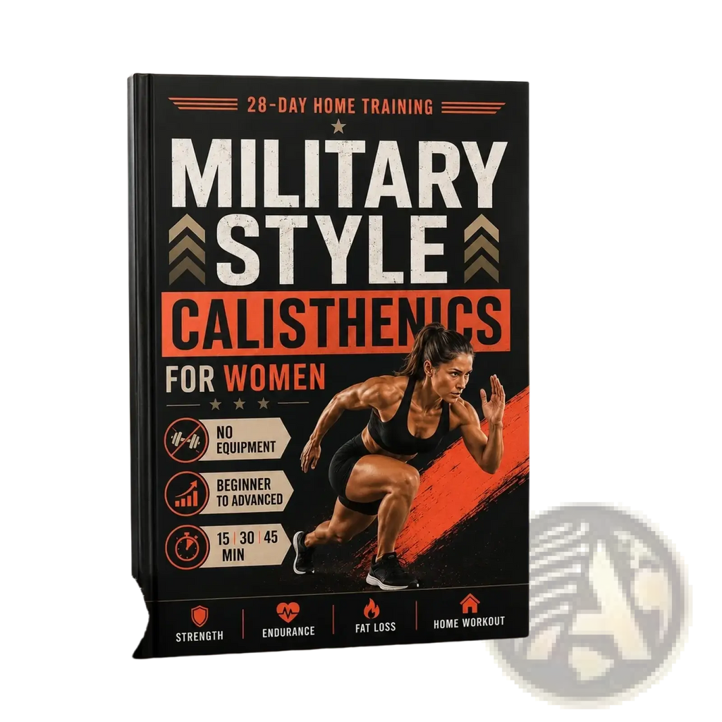 Black hardcover book military style calisthenics for women with bold white and orange text and athletic woman image