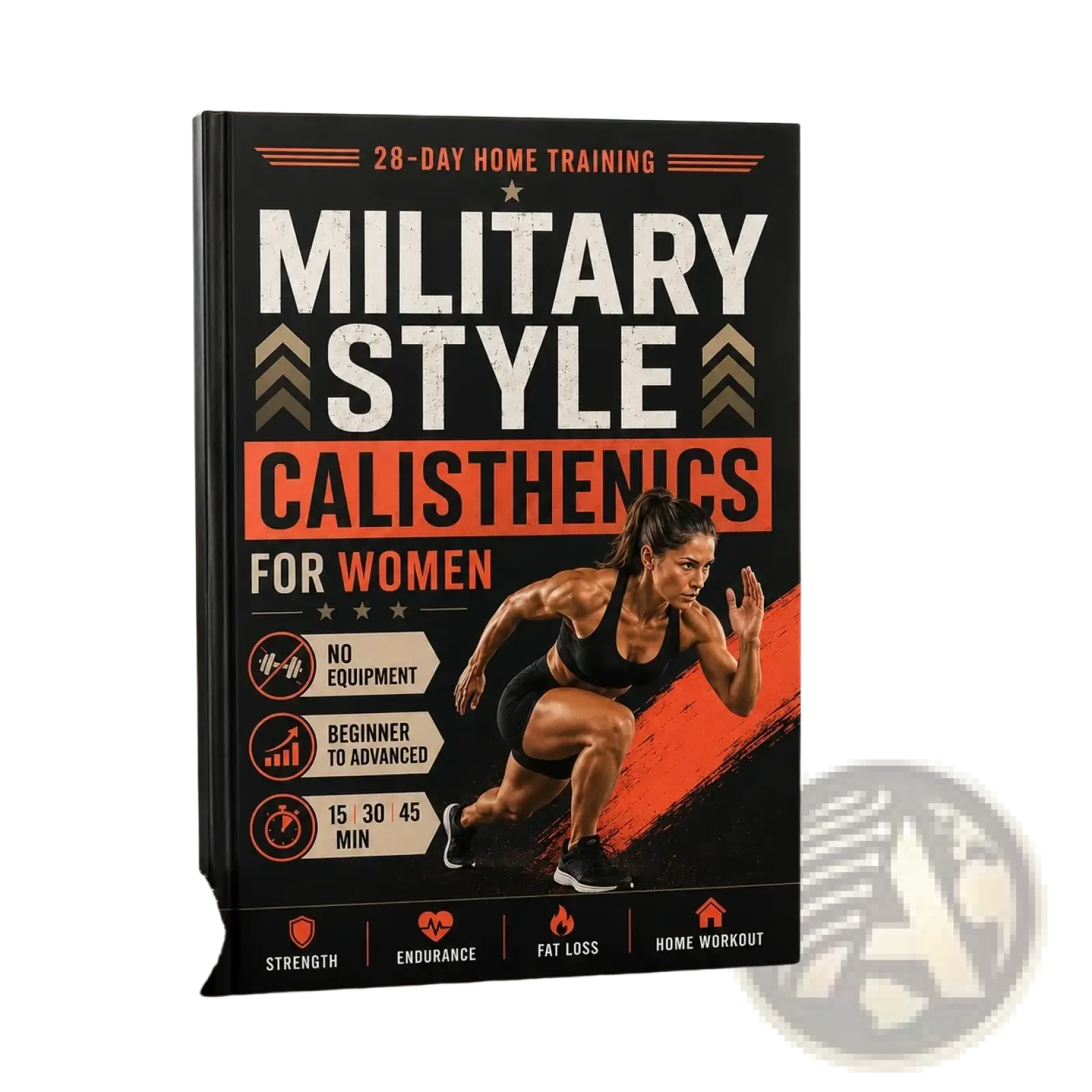 Black hardcover book military style calisthenics for women with bold white and orange text and athletic woman image