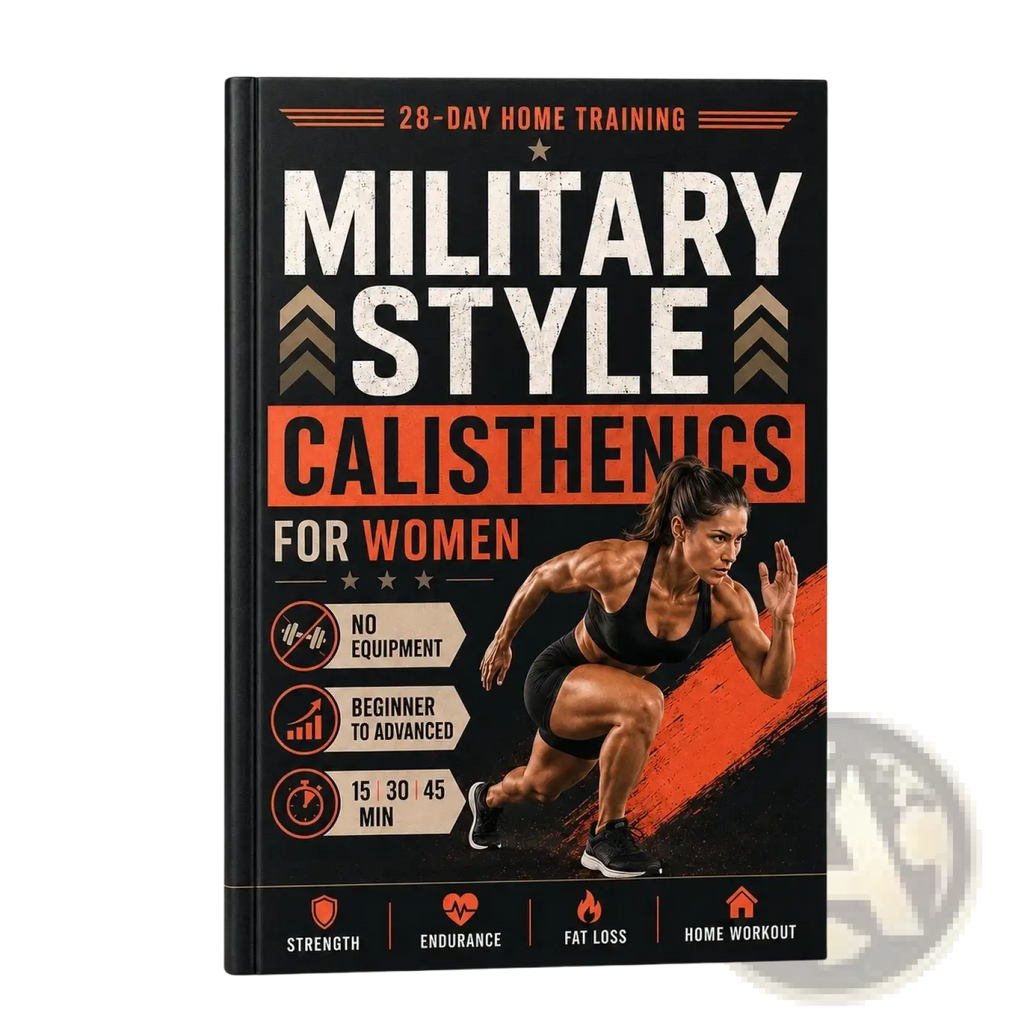 Military calisthenics women workout guide cover in black and orange featuring a muscular woman in athletic gear