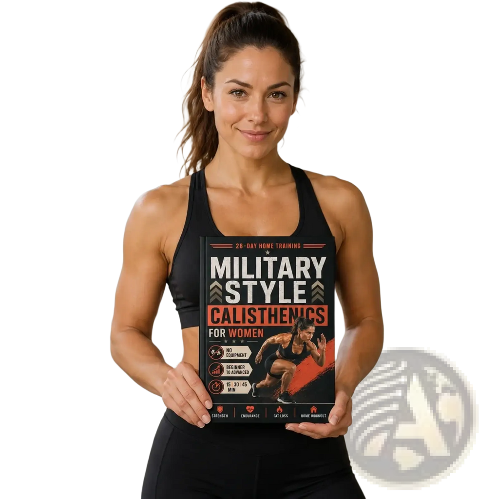 Black and orange fitness guide titled military style calisthenics for women with athlete illustration in motion