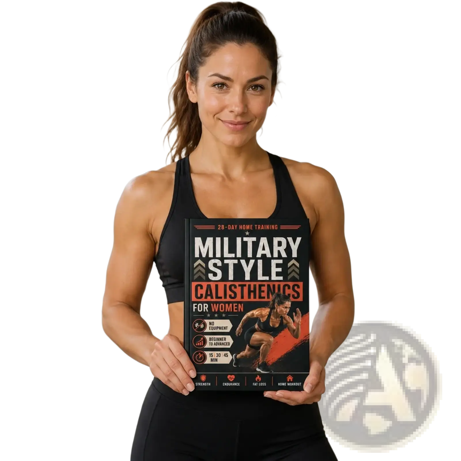 Black and orange fitness guide titled military style calisthenics for women with athlete illustration in motion