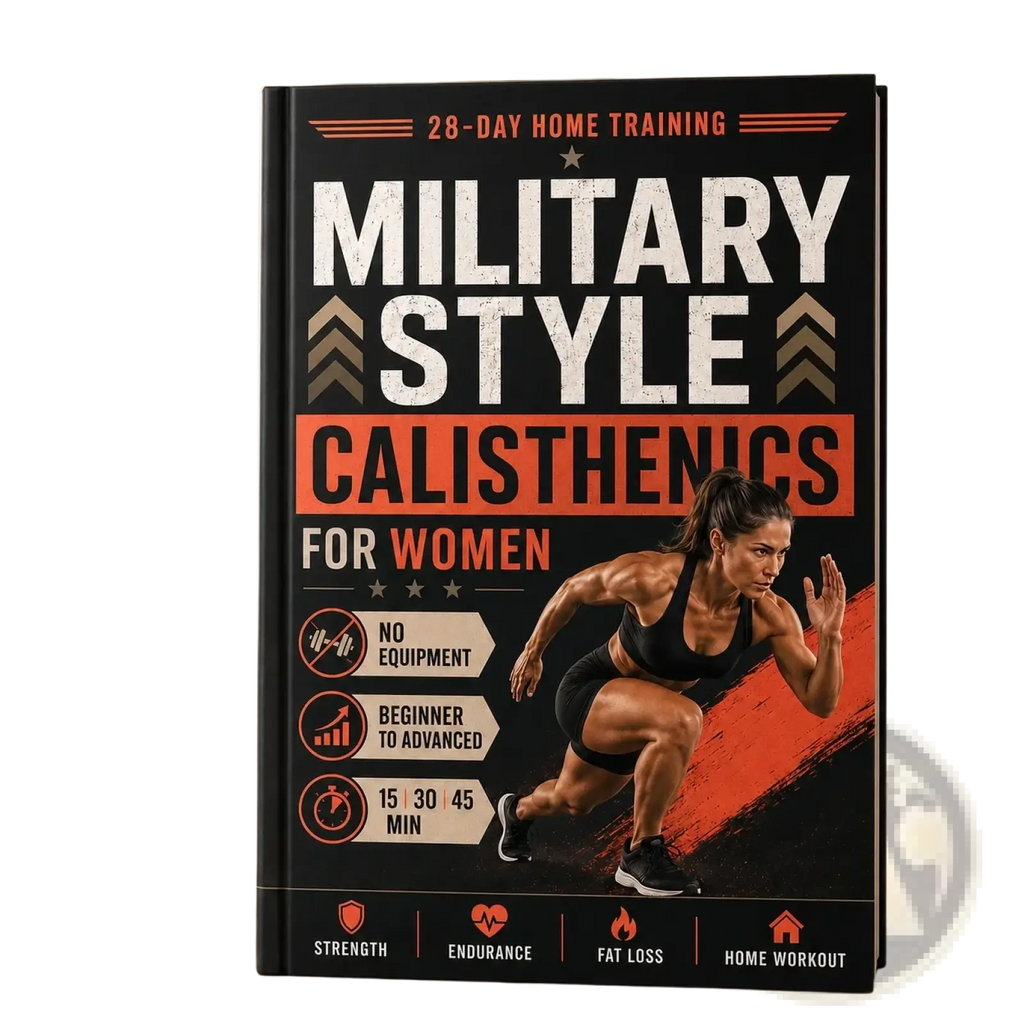Black and orange military calisthenics women workout guidebook with a muscular woman in motion on the cover