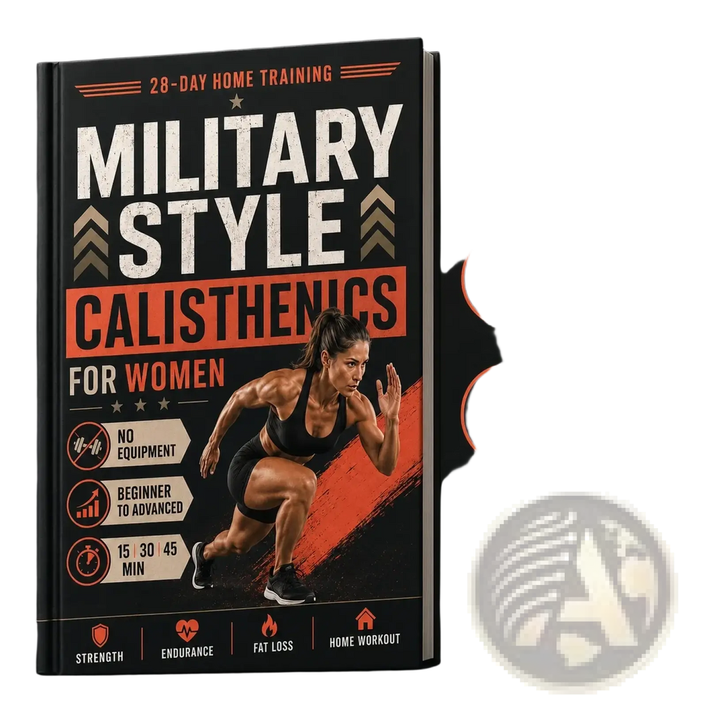 Black and orange hardcover book military style calisthenics for women with fitness model on cover for workout guide