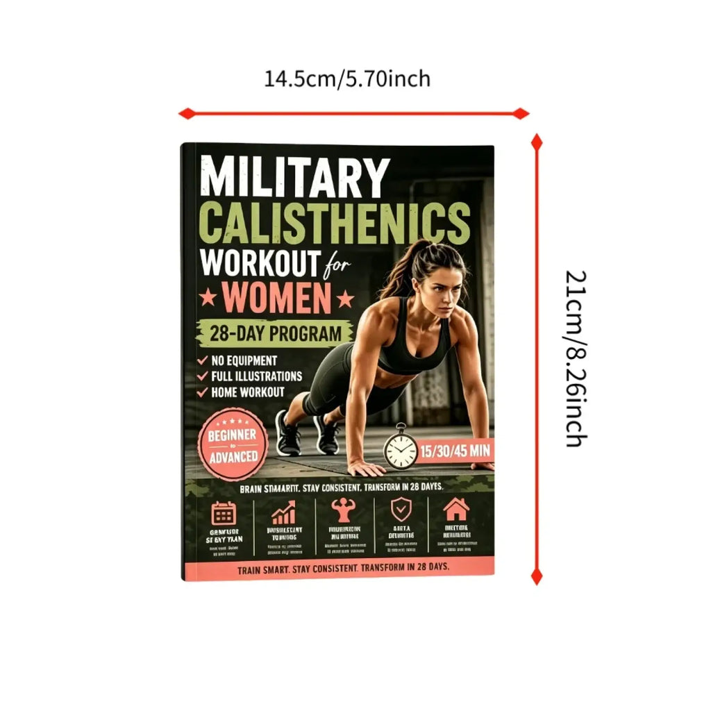 Black and green military calisthenics workout book for women featuring a woman in athletic gear on the cover