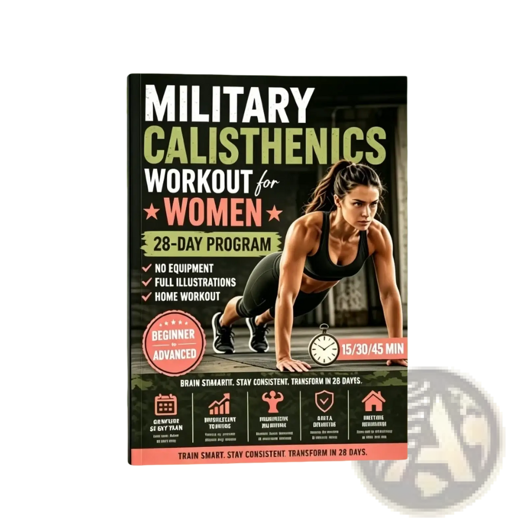 Glossy black and green military calisthenics workout book for women featuring bold text and an athletic woman on cover