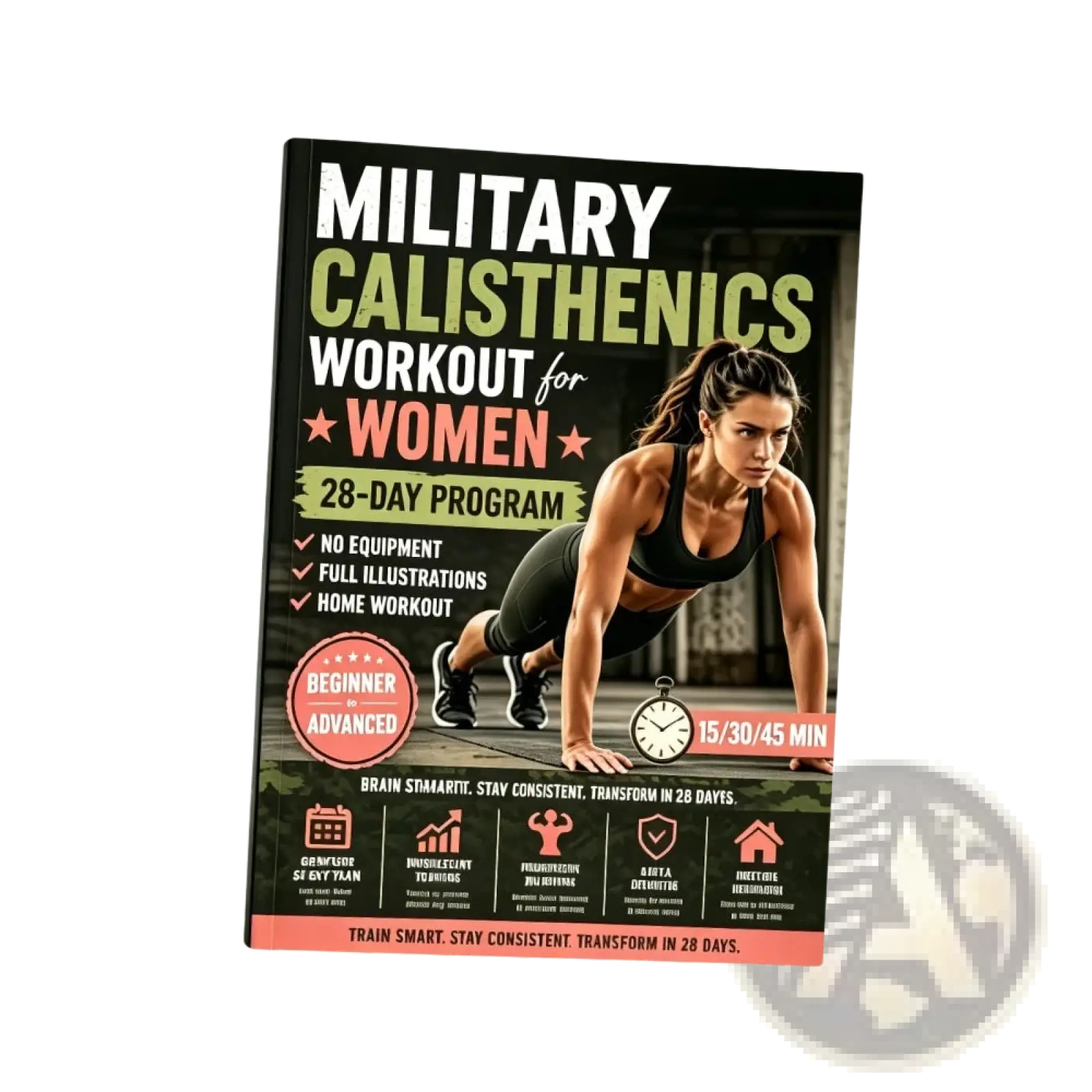 Black and green military calisthenics workout book for women featuring a woman in athletic gear on the cover