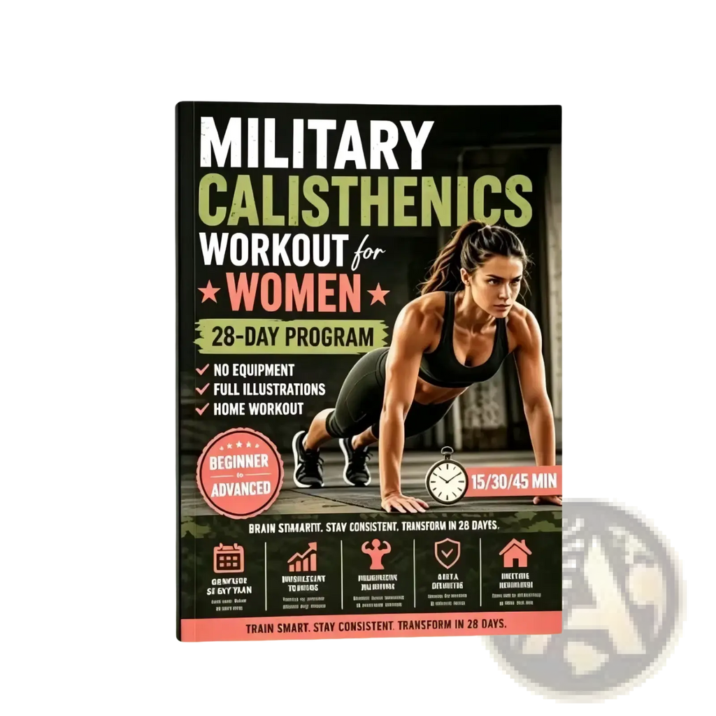 Black and green cover fitness guide military calisthenics workout book for women featuring woman doing push-ups