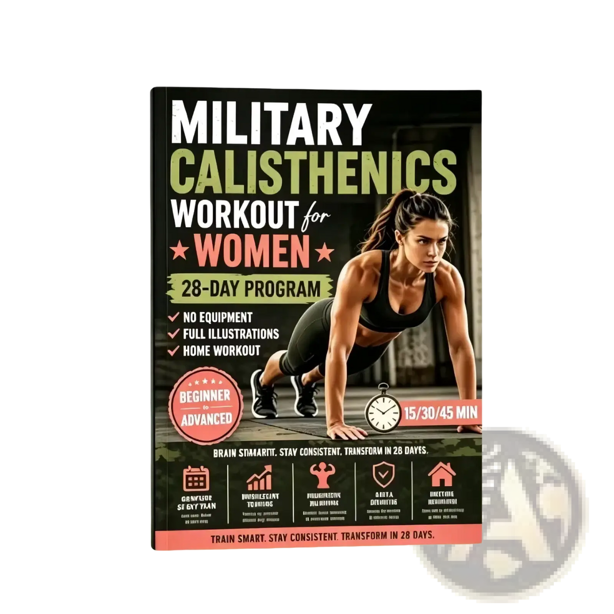 Black and green cover fitness guide military calisthenics workout book for women featuring woman doing push-ups