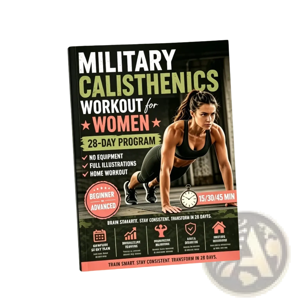 Black and green military calisthenics workout book for women featuring a woman in athletic gear on the cover