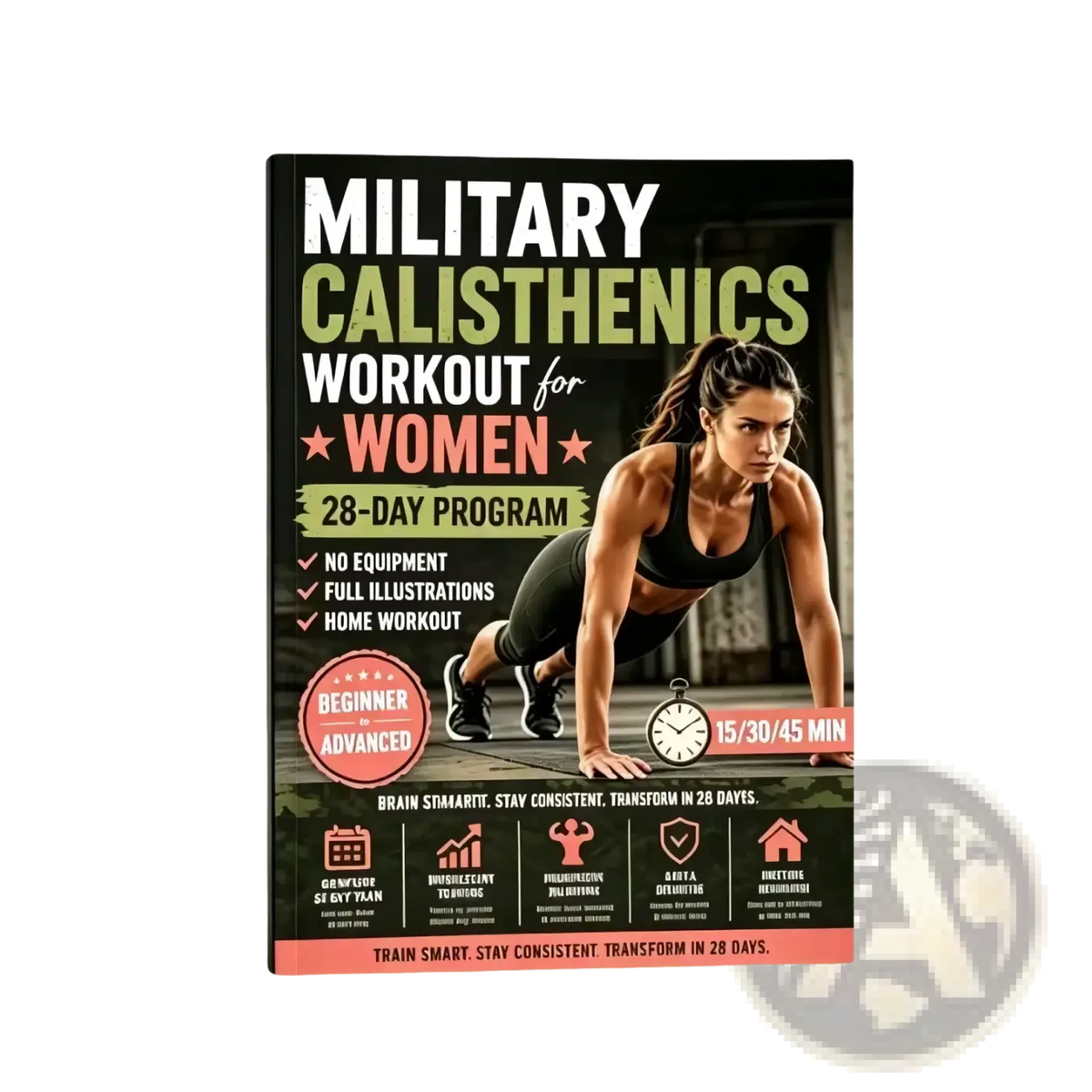 Black and green military calisthenics workout book for women featuring a 28-day program with a woman in athletic wear