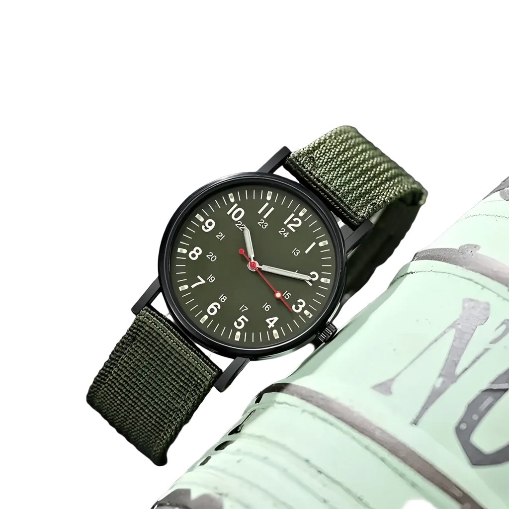 Military quartz watch with olive green nylon strap black case and dark olive dial with white numerals and red second hand