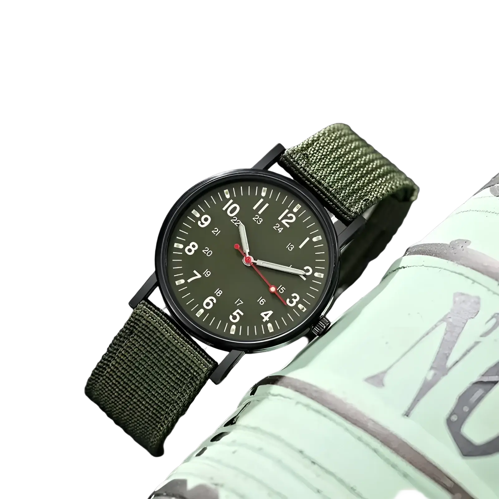 Military quartz watch with olive green nylon strap black case and dark olive dial with white numerals and red second hand
