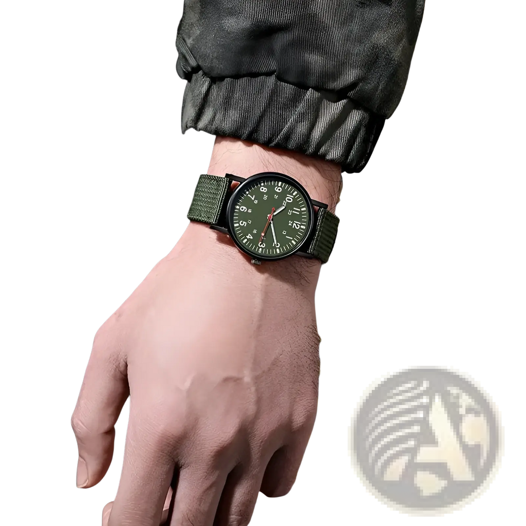 Military quartz watch with olive green nylon strap black dial and white numerals for durable everyday use