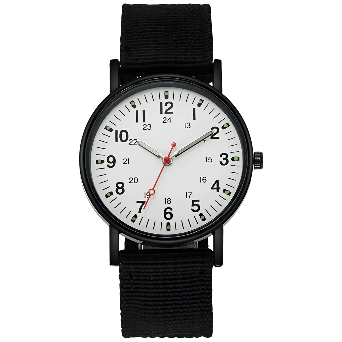 Military quartz watch with olive green nylon strap black bezel white face black markers red second hand and green luminous dots