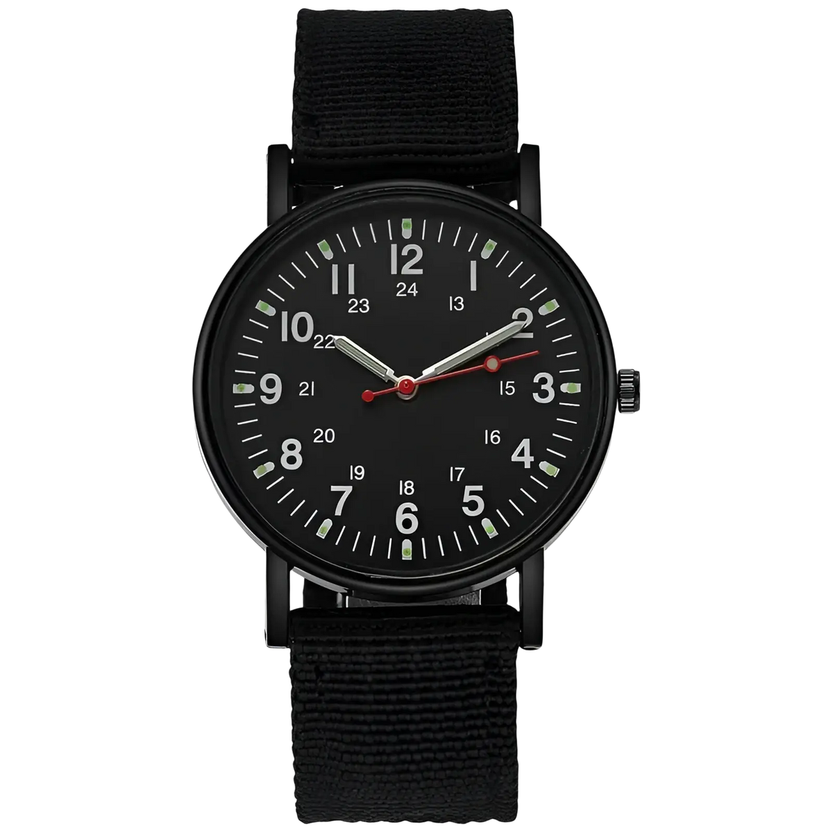 Black military quartz watch with a minimalist dial, green luminous markers, red-tipped hands, and a black fabric strap