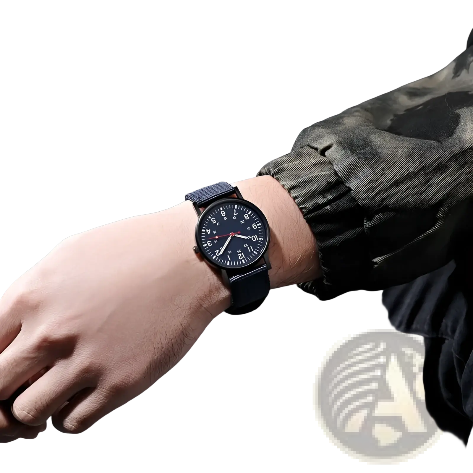 Black military quartz watch with minimalist dial and textured navy blue fabric strap for durable everyday use