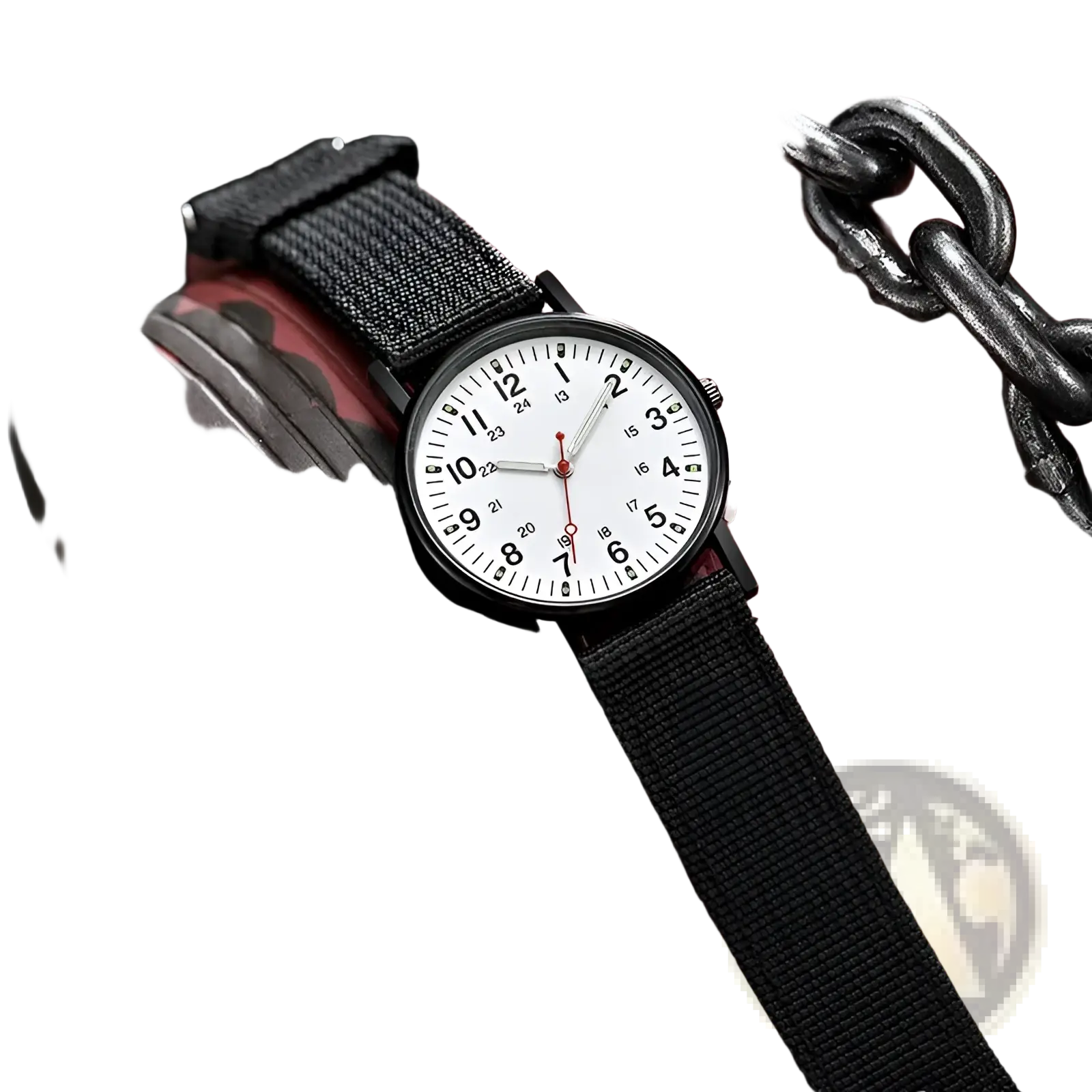 Military quartz watch with white dial black and red hands bold numerals and black nato strap on olive green nylon band