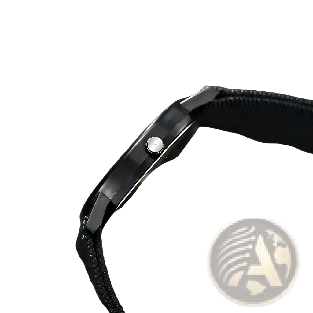 Black military quartz watch with sleek glossy case and black braided strap designed for durability and style
