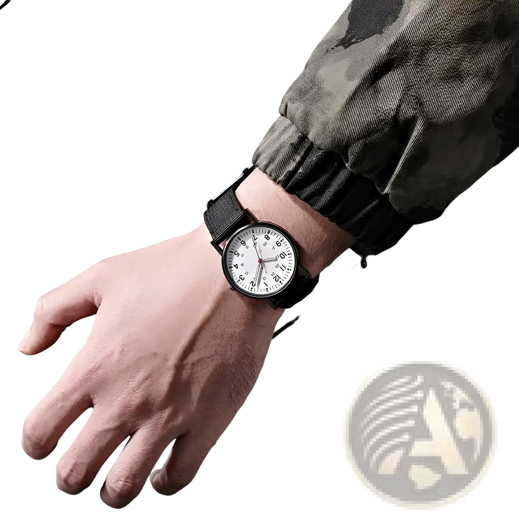 Military quartz watch with black nylon strap, white dial, and black hour markers for durable everyday wear