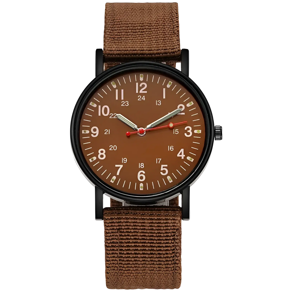 Brown canvas strap military quartz watch with black case brown dial and white numerals on olive green nylon strap