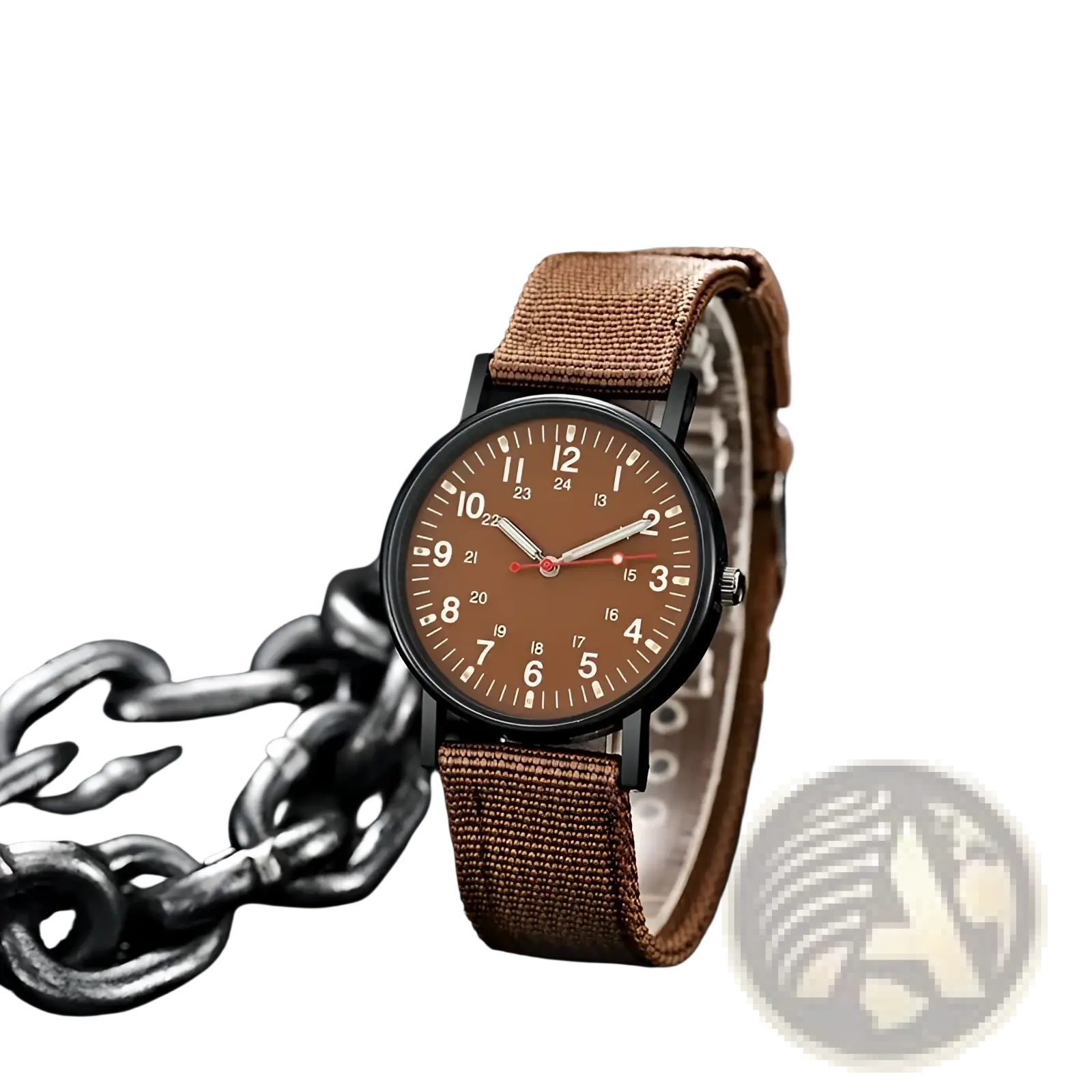 Military quartz watch with brown canvas strap black case and brown dial featuring bold white numerals