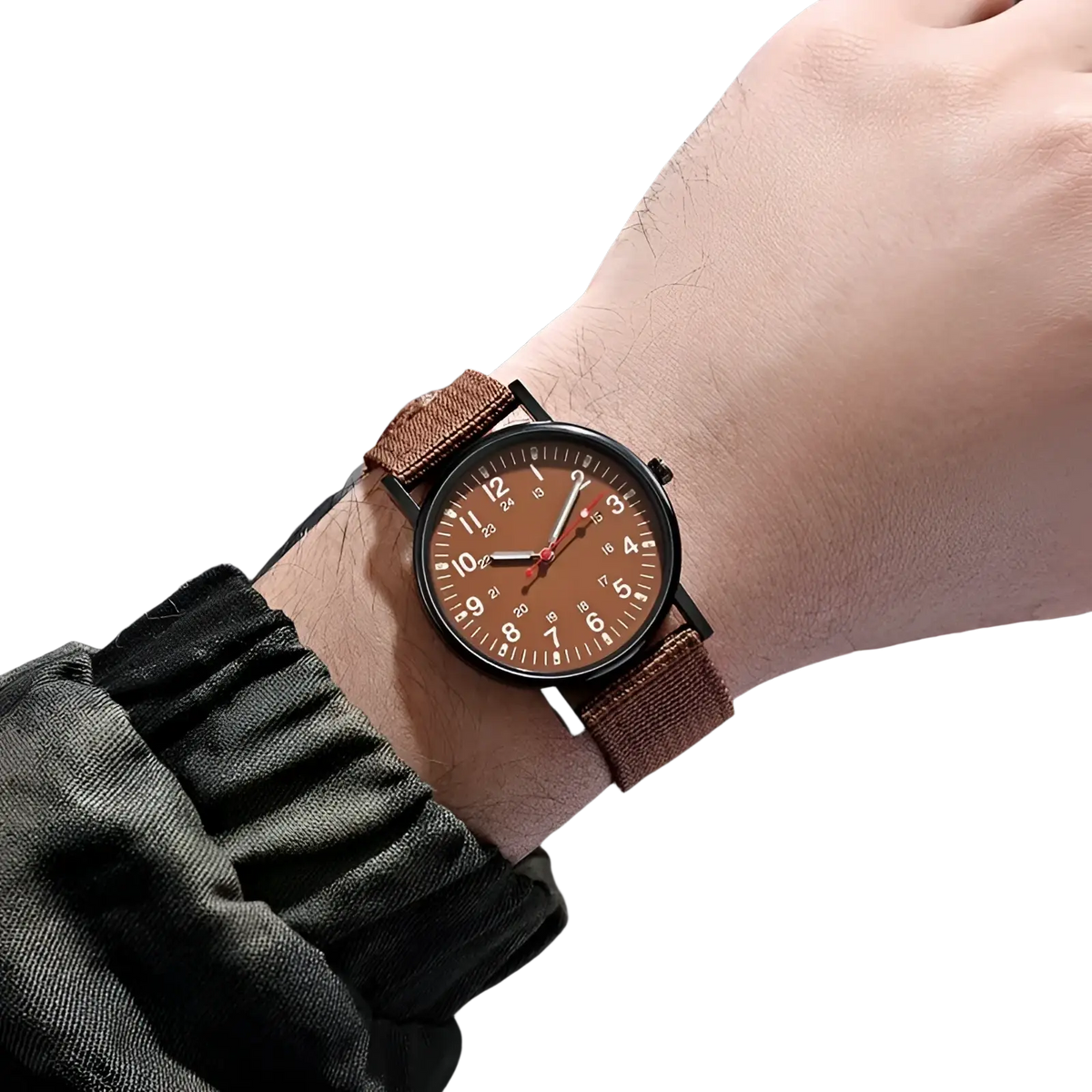 Military quartz watch with brown woven strap matching brown dial and black case for durable everyday use