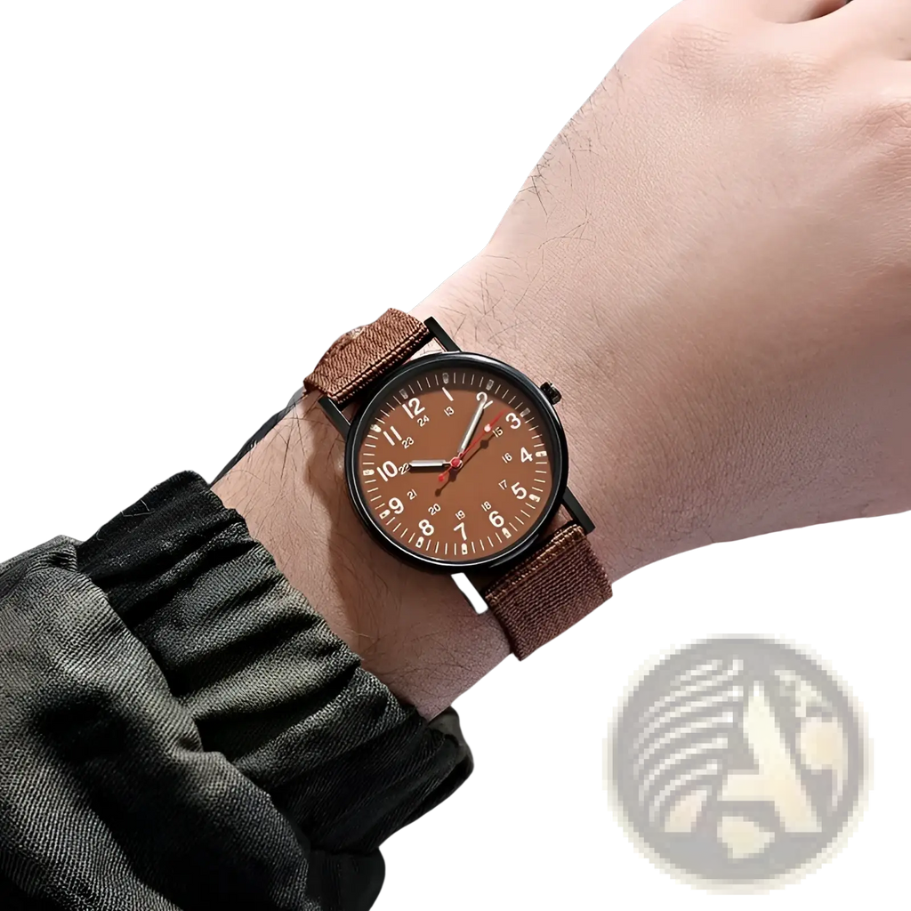 Military quartz watch with brown woven strap matching brown dial and black case for durable everyday use