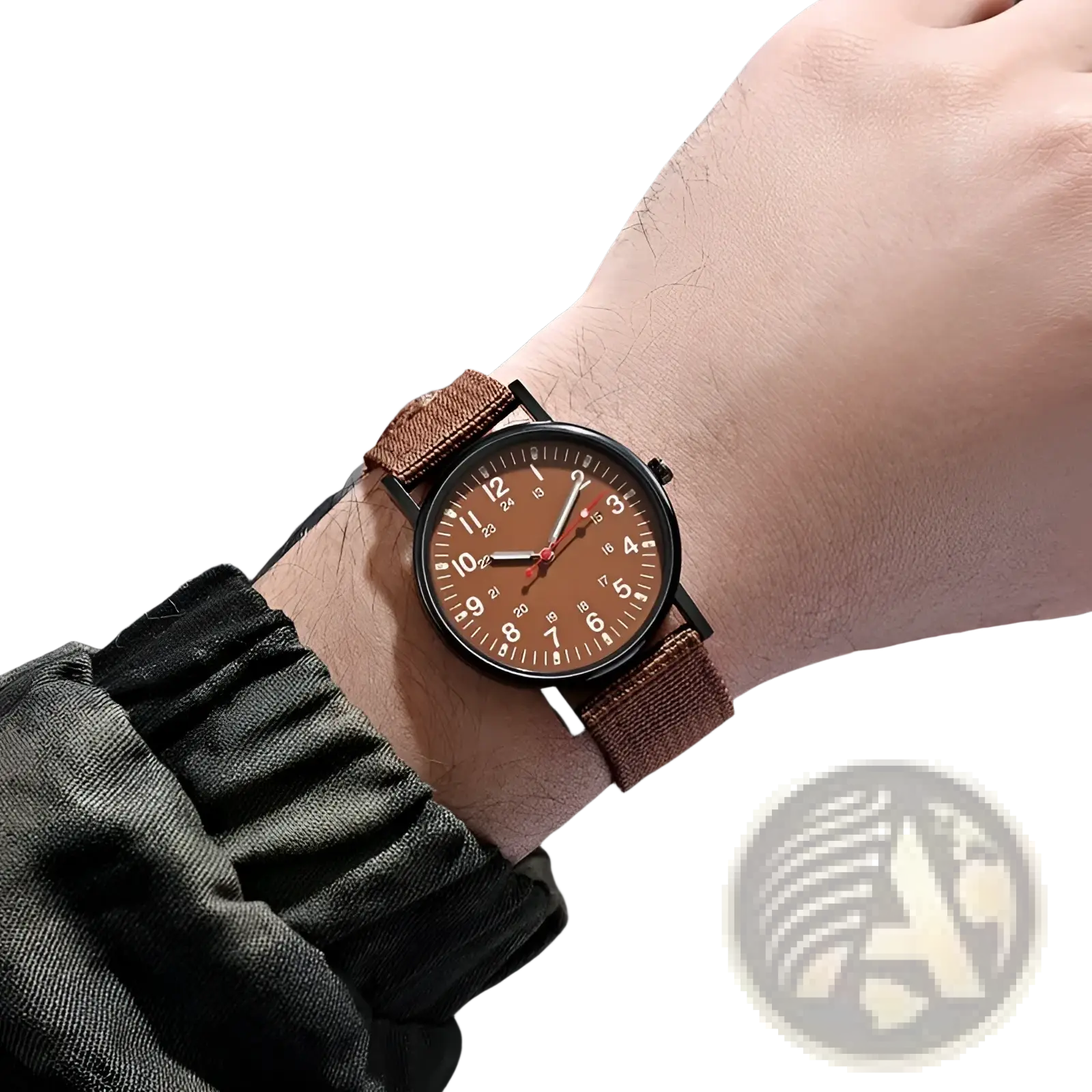 Military quartz watch with brown woven strap matching brown dial and black case for durable everyday use